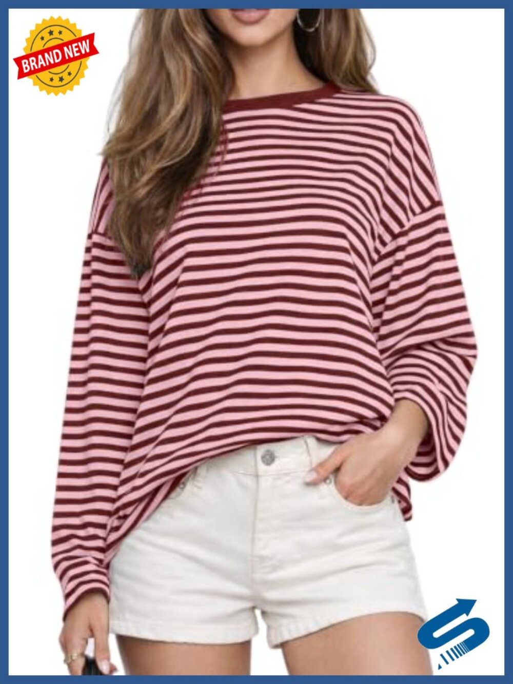 Women's Oversized Long Sleeve Striped Tee Cotton Blend Pullover